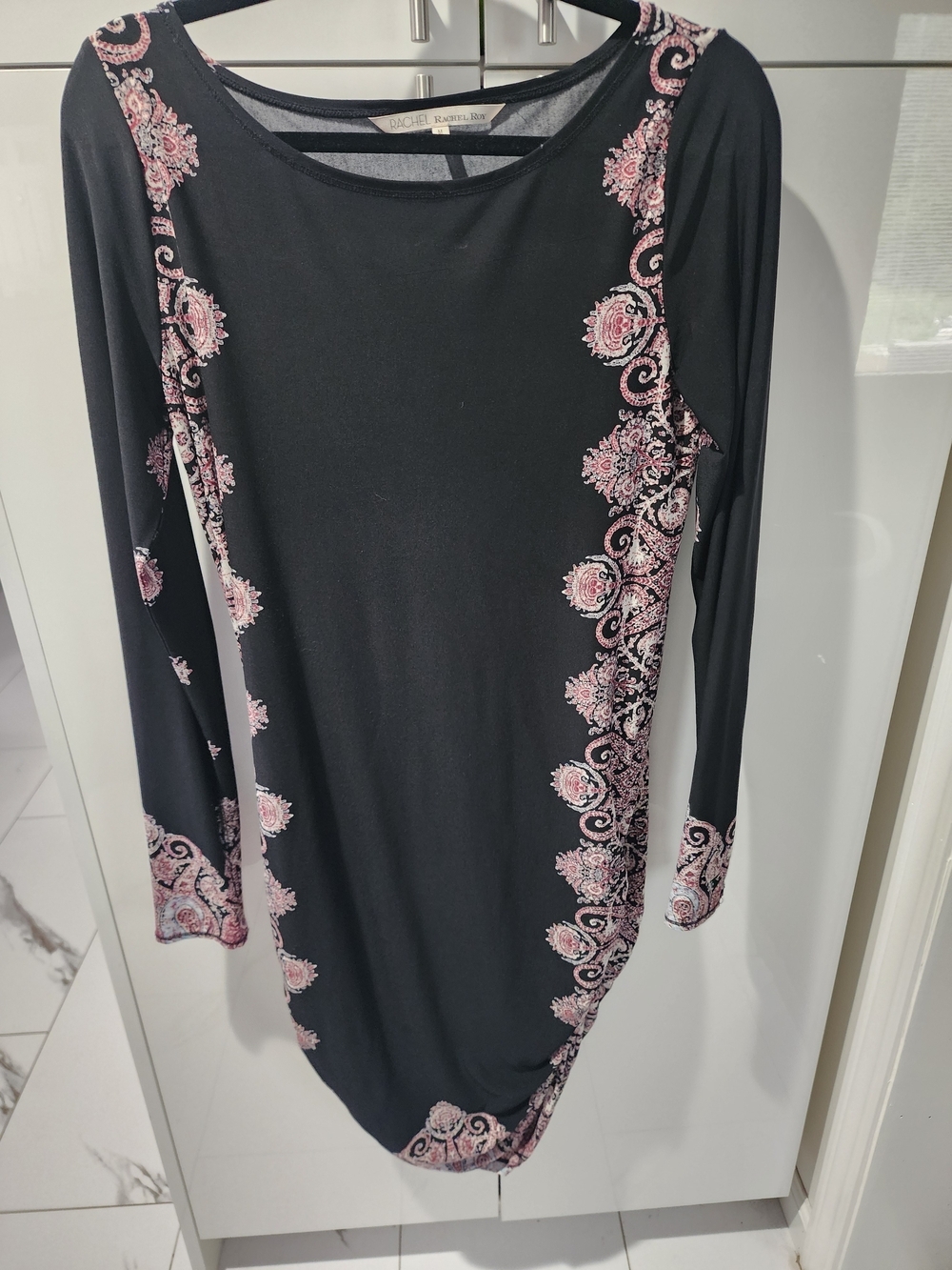 RACHEL Rachel Roy Black Long-Sleeve Sheath Dress with Pink Paisley Accents